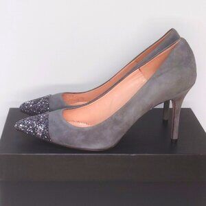J. CREW Elsie Pumps in Suede with Glitter Cap Toe 9 Coastal Grey Made in Italy